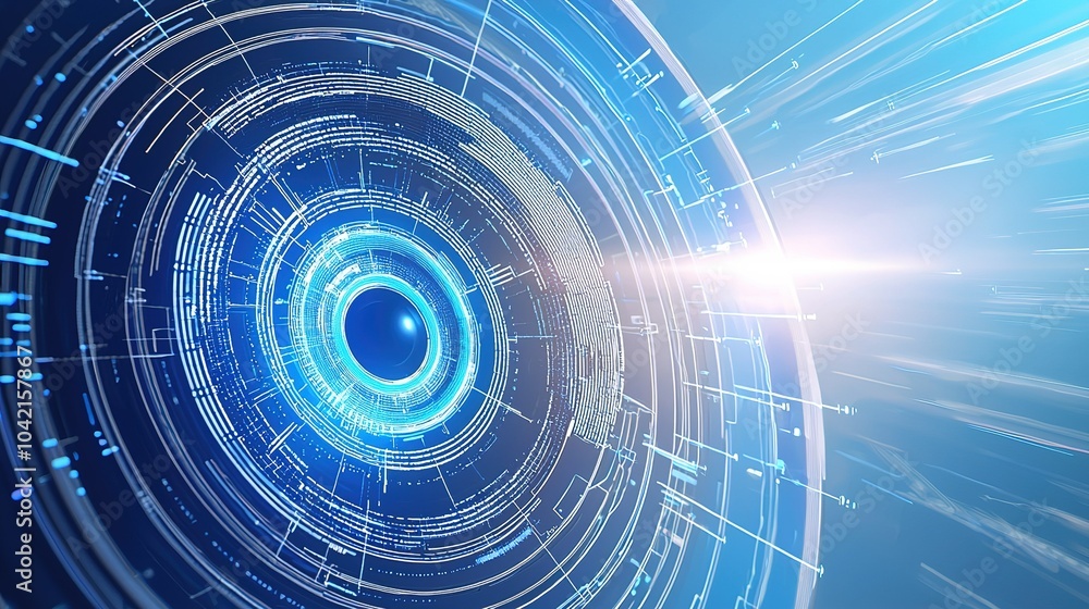 Poster a futuristic digital circular pattern with glowing elements and light trails, symbolizing advanced t