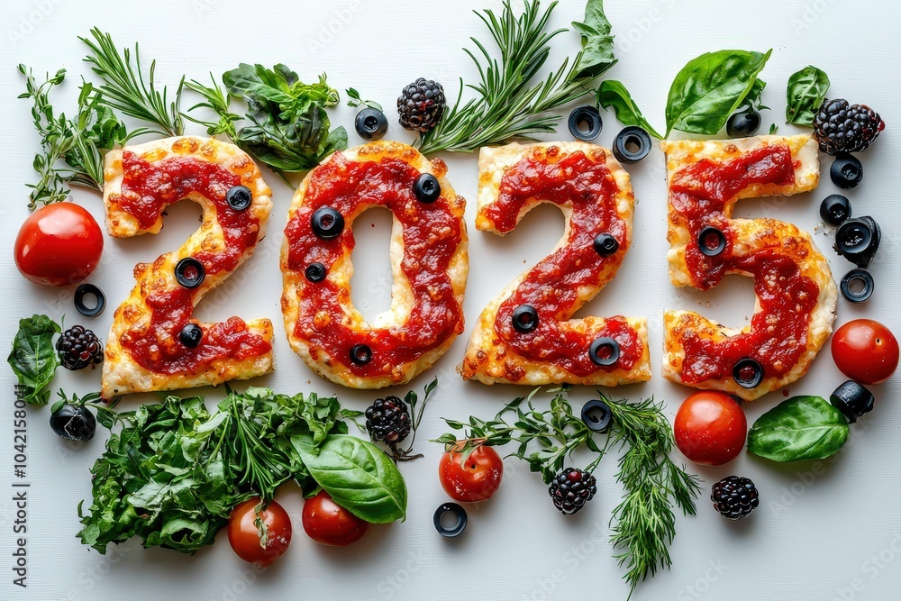 Poster fresh vegetables and toppings are creatively arranged into the numbers 2025, surrounded by herbs and