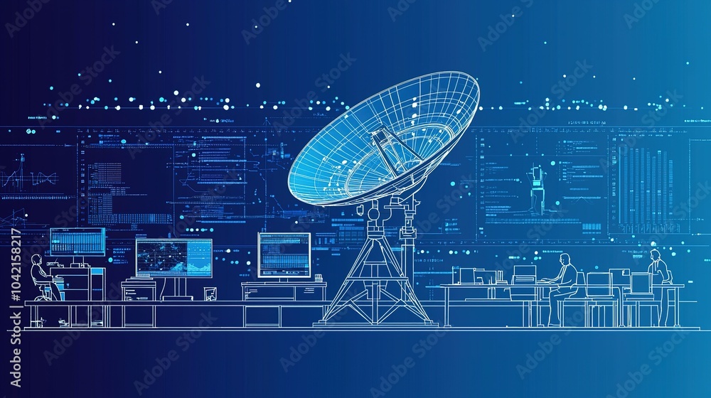 Poster advanced satellite communication setup featuring technicians working in a modern control room at nig