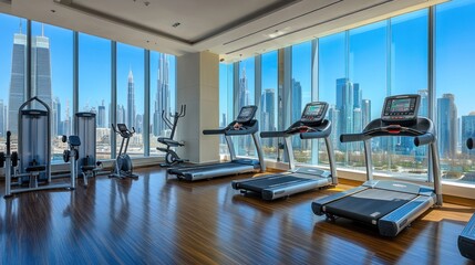 Modern gym with treadmills and city skyline view.