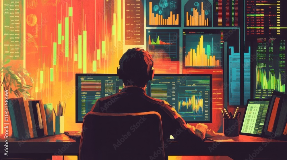 Poster a man sits at a computer desk in a dimly lit room, surrounded by screens displaying financial data.