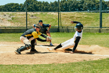 Baseball, people and slide on field at base for run, score and intense match in summer. Team sport, energy and dirt in game for training, homerun and achievement in Texas stadium for tournament