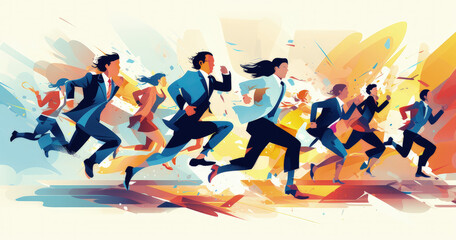 A dynamic illustration of diverse individuals in business attire running energetically, symbolizing urgency and teamwork.