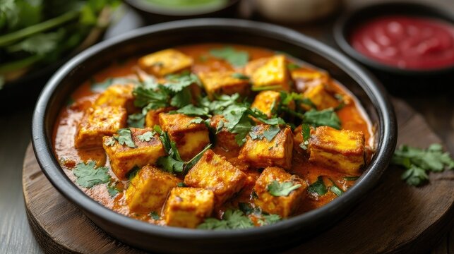 A beautifully plated dish of soya chaap garnished with fresh herbs and served with vibrant sauces on the side.