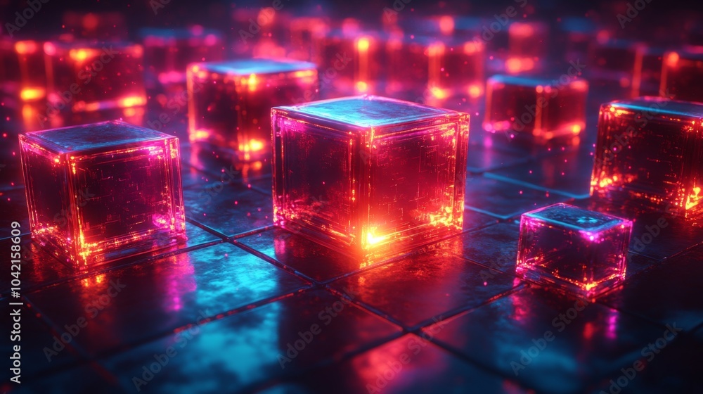 Poster Pulsating neon cubes in shades of pink and blue illuminate a dark grid, creating an engaging abstract visual effect reminiscent of digital art.