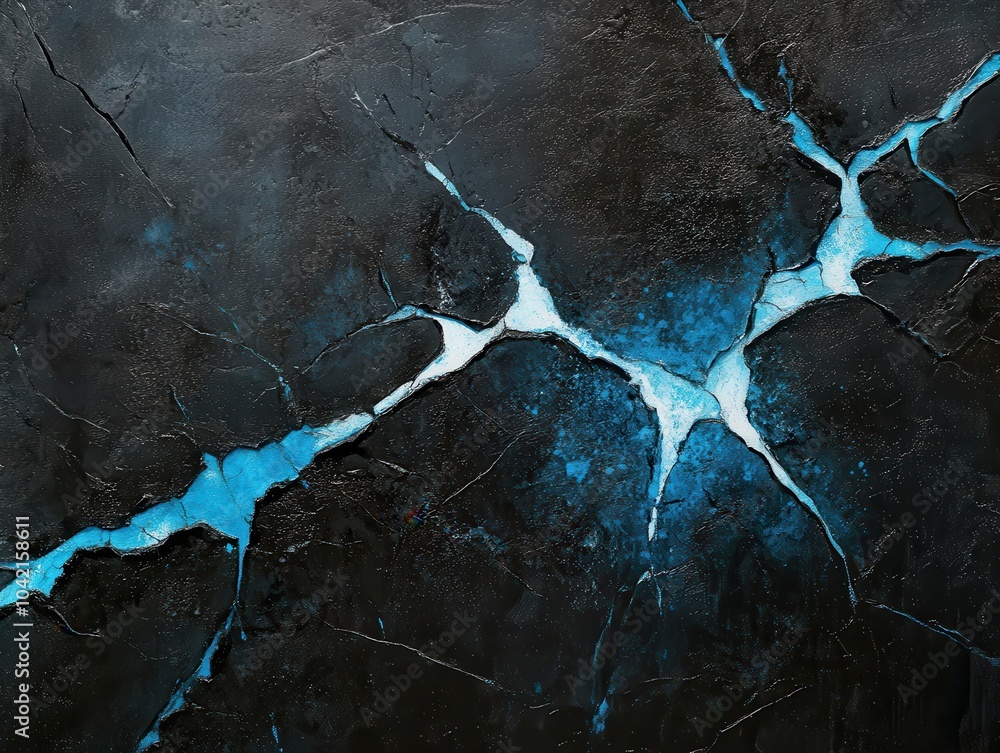 Poster abstract dark surface with blue cracks, creating a striking contrast and an intriguing visual effect