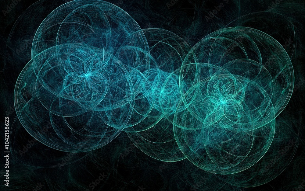 Poster intricate abstract design featuring overlapping circular patterns in shades of blue and green agains