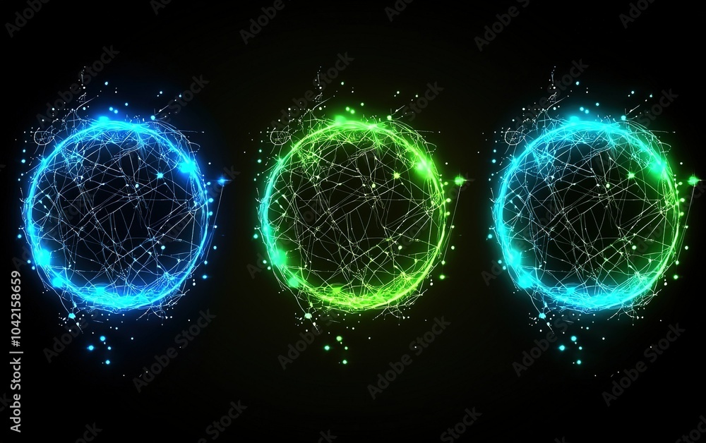 Poster colorful digital spheres with intricate patterns illuminated against a dark background showcasing te