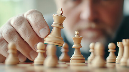 A person intently focuses on moving a chess piece during a game, demonstrating strategy and concentration on the wooden chessboard.