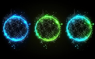 Obraz premium Colorful digital spheres with intricate patterns illuminated against a dark background showcasing technology and creativity