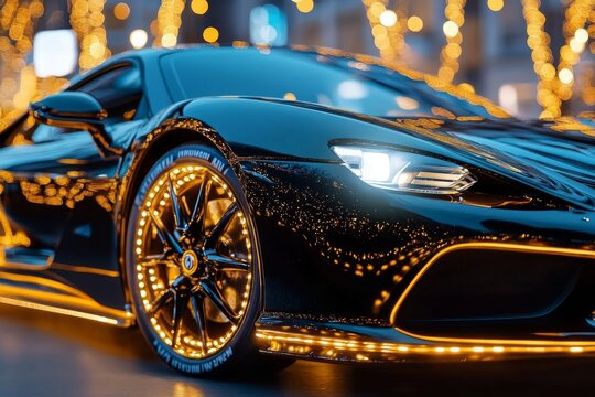 Luxury sports car in the spotlight, with a person admiring its sleek design and representing a materialistic lifestyle
