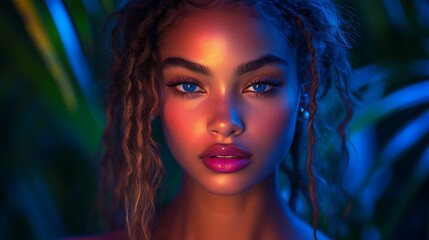 Fototapeta premium A woman with curly hair illuminated by blue and pink lights. The natural background of large green leaves adds contrast, creating a vibrant and artistic atmosphere.