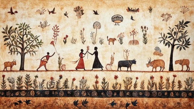 A captivating Warli painting of agricultural activities, depicting farmers and animals working together in a beautifully crafted environment.