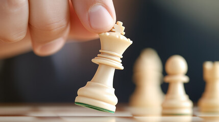 A hand strategically moves a white queen on a chessboard, symbolizing a critical moment in a game of chess.