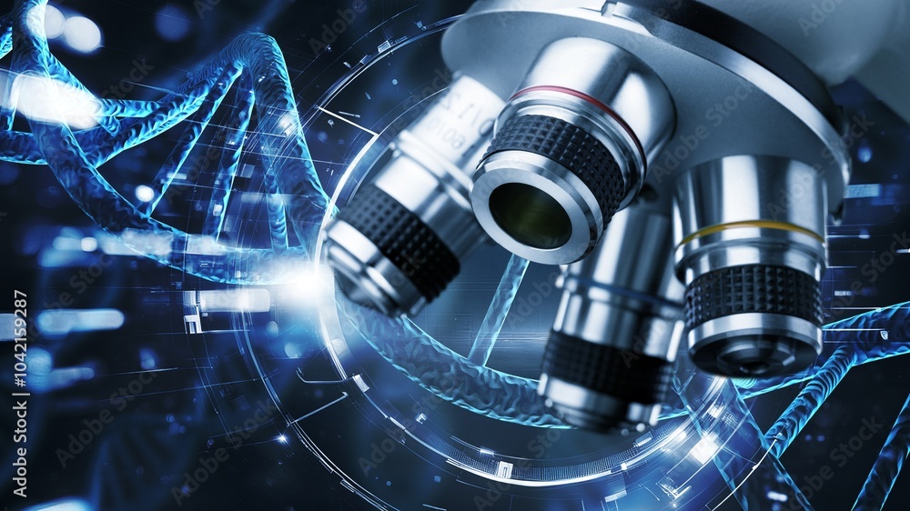 Poster laboratory research, using microscope checking dna