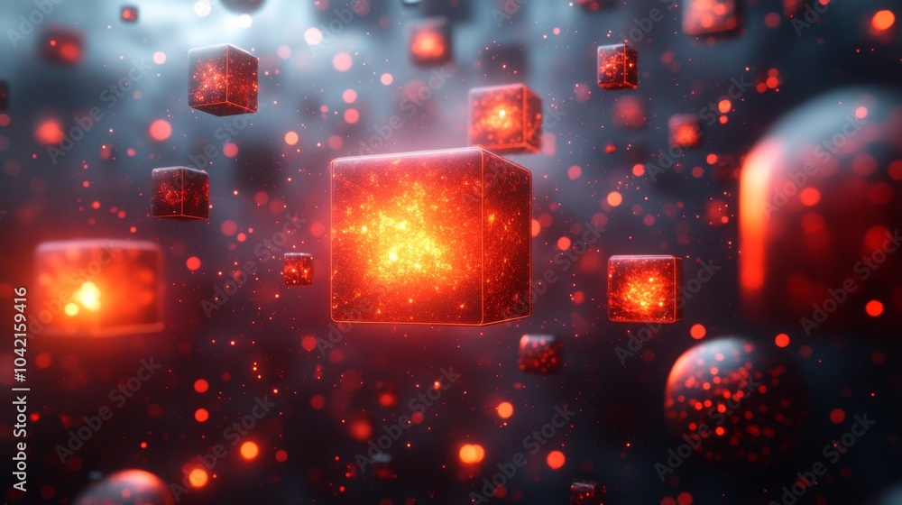Poster Floating cubes emit a bright red glow amid a dark backdrop, creating a captivating visual display of light and color in a vibrant, abstract setting.