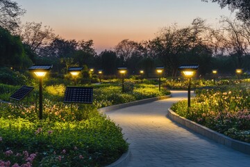 Obraz premium A quiet park at dusk, illuminated by rows of solar-powered streetlights that softly light the paths and gardens, with the evening sky in the background.