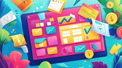 A tablet with a calendar, task list, and icons representing progress, success, and money, surrounded by colorful leaves and sticky notes.