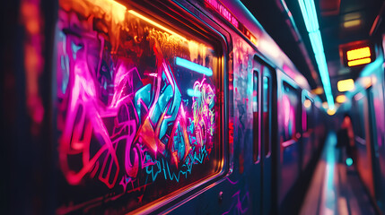 Close up of neon colored cyberpunk graffiti tags on a train ai generated illustration. Neon Graffiti. Illustration