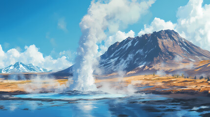 Obraz premium Close-up of a boiling mountain geysers eruption, dynamic water and steam, clear blue sky. Geyser Eruption. Illustration