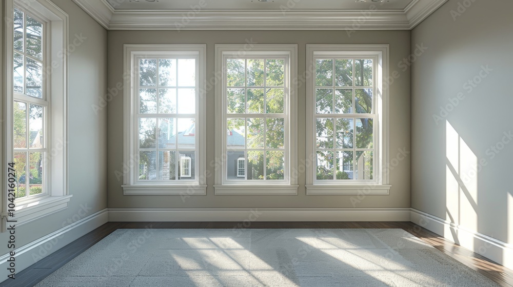Poster empty room with large windows letting in sunlight, overlooking trees. concept of bright, minimal int