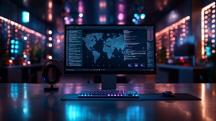 A computer screen displaying a world map with data code, a keyboard, a mouse, and headphones on a desk in a dark room with neon lights.