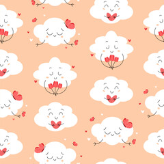 Seamless pattern with spring cute clouds characters with butterflies, flowers tulips, heart. Flat vector illustration