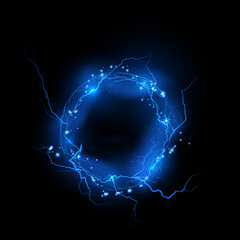 Fototapeta premium Round thunderbolt, blue circle bolt lightning, vector shine light rays ring with sparkles and fog, electricity explosion