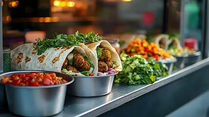 Obraz premium A street food truck serving falafel wraps, with fresh ingredients and sauces on the side, shot with a telephoto lens