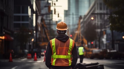 A builder in a vest and helmet walks with construction and unfinished buildings in the background.