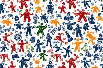 Minimalist banner of people around the globe, represented by simple, colorful outlines in a clean design