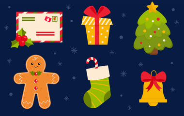 Christmas holiday icons. Set with gingerbread man, gift, tree, stocking, bell, letter. Christmas decorations in flat design isolated