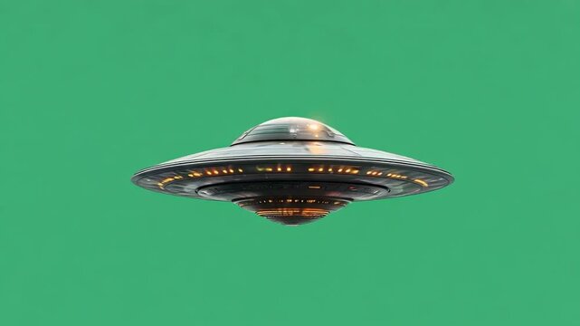 flying alien spaceship, UFO flying spinning on a green screen background, generative ai