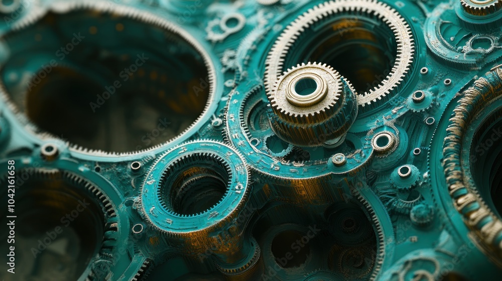 Poster close-up of a complex, intricate, and detailed machinery made of metal gears and cogs. the gears are