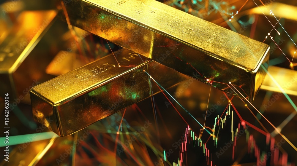 Poster close-up of gold bars with glowing lines and a stock chart in the background.