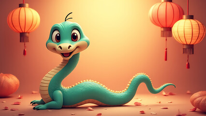 Fototapeta premium A playful cartoon snake is depicted on a traditional Chinese inspired background with delicate paper lanterns in various colors and patterns.