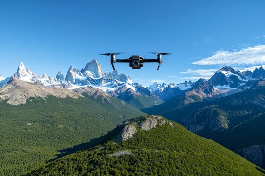 Monte Fitz Roy in a sci-fi setting, with drones flying around the peaks and futuristic buildings dotting the landscape beneath the iconic mountain