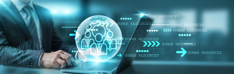 Hand holding a laptop, symbolizing global network connection and technology, merging with...