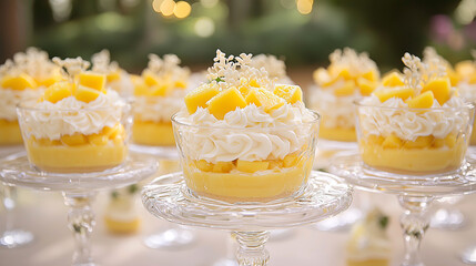 Elegant mango parfait desserts with whipped cream and edible flowers on glass stands