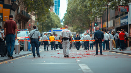 Obraz premium A city street is cordoned off by police tape, with officers and bystanders present, debris scattered on the ground, indicating an emergency situation.