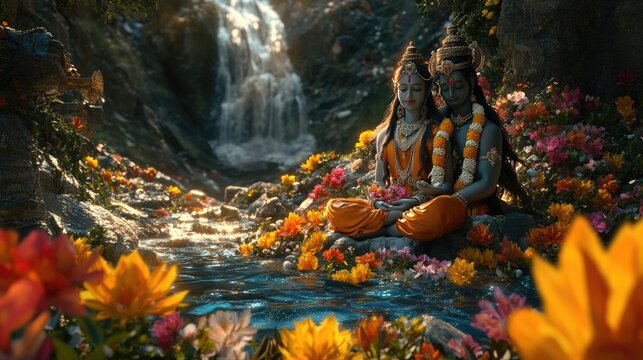 A harmonious depiction of Shiv Parvati with vibrant flowers and serene surroundings.