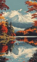 Autumn trees by a lake with snowy mountain.