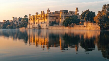 Fototapeta premium A historic city palace reflecting in calm waters during golden hour, with surrounding trees enhancing the picturesque view.