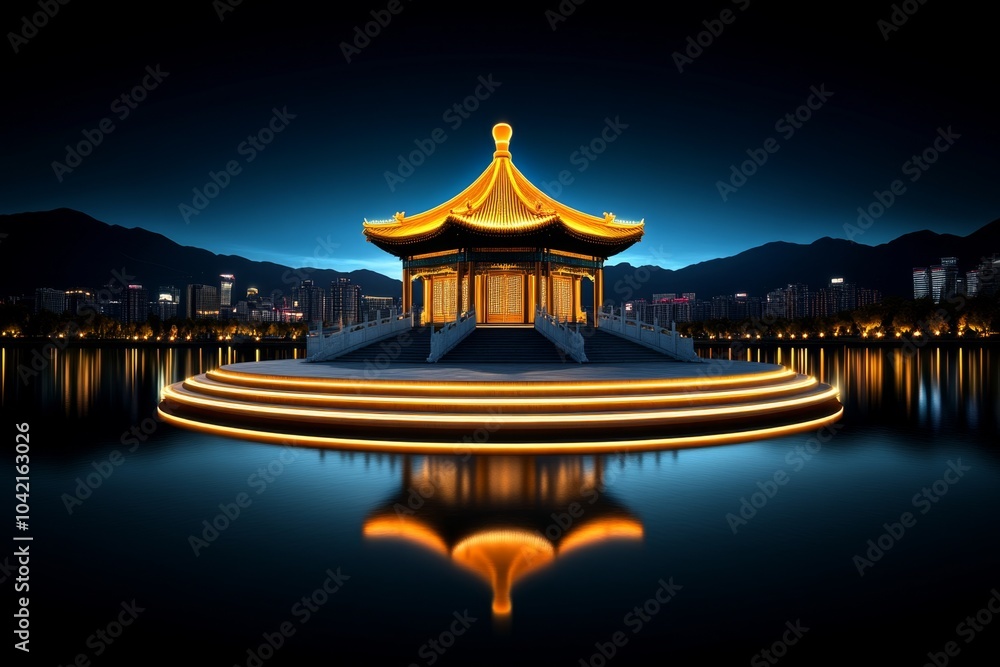 Poster night view of the summer palace glowing with neon lights, surrounded by a futuristic city skyline, c
