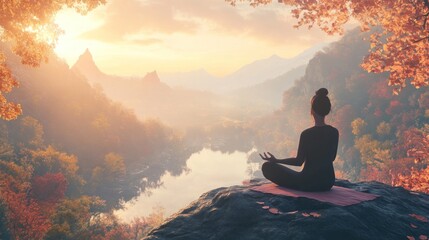 Obraz premium Woman meditating on a cliff overlooking a valley with a river, mountains, and trees at sunset.