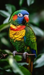 Fototapeta premium Colorful parrot perched on branch in greenery.