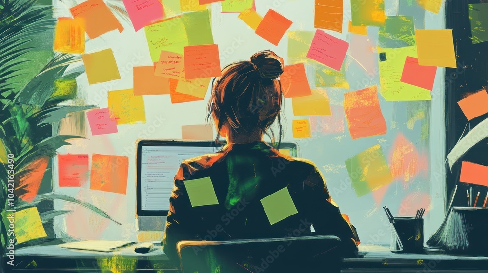 Poster woman sitting at desk with a computer and many sticky notes on the window behind her.