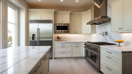 Fototapeta premium Modern kitchen with open-plan layout sleek surfaces and smart gadgets