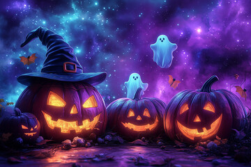 A neon purple background showcasing colorful pumpkins, witches, and ghosts floating around in a playful Halloween style.