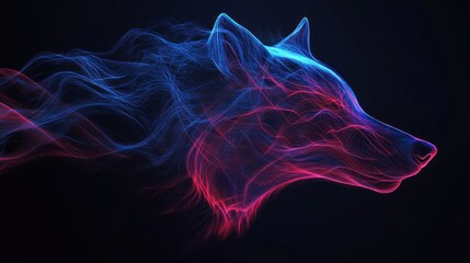 A glowing, abstract wolf head rendered in blue and pink hues against a dark background.